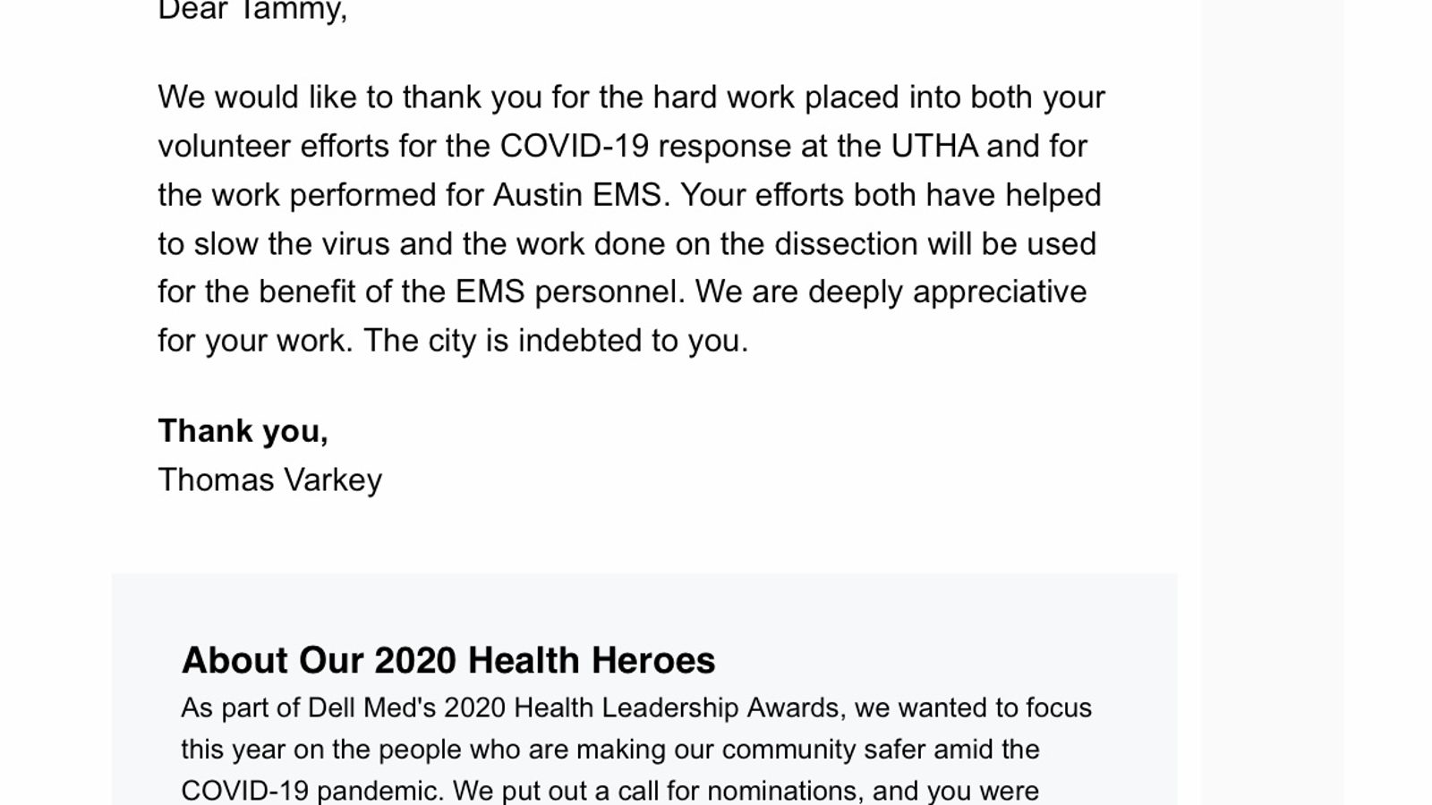 Dell Medical School 2020 Health Heroes recognition email — Thank You Health Heroes graphic with three pandemic-response photos and a thank-you message from Dr. Thomas Varkey to Tammy Lý Spear