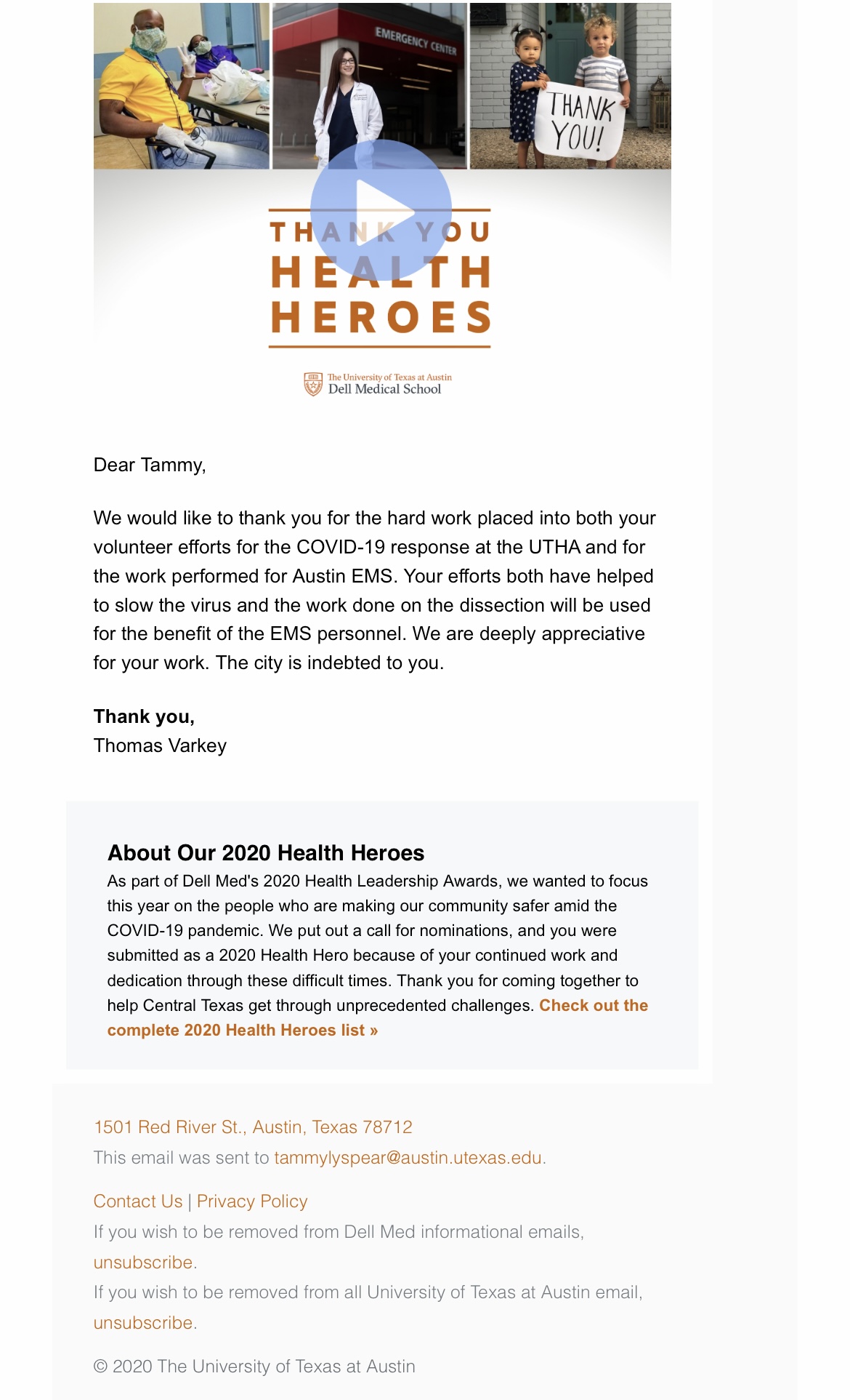 Dell Medical School 2020 Health Heroes recognition email — Thank You Health Heroes graphic with three pandemic-response photos and a thank-you message from Dr. Thomas Varkey to Tammy Spear